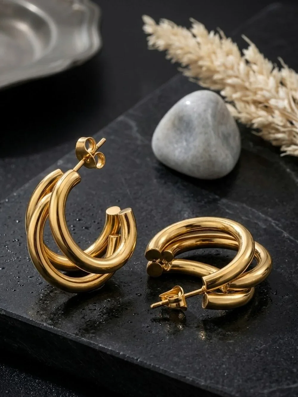 18K Gold Plated Chunky Triple Hoop Earrings Sculptural Clean Girl 0.8